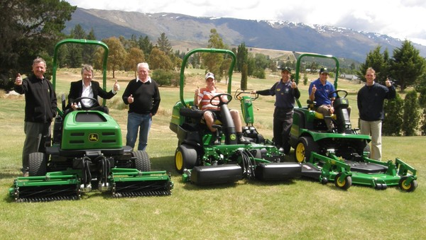 Testing out the new equipment:  Peter Calder - Sales Executive Manager-Drummond & Ethridge/John Deere; Paul Allison - Chief Executive - Central Lakes Trust; Graham Mercer - Manager  Cromwell Golf Club, Daniel Bailey  - Sports Turf student Otago Polytechni